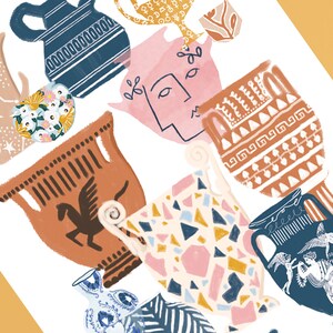 May include: A collection of colorful, hand-painted ceramic vases with various patterns and designs. The vases feature geometric shapes, floral motifs, and abstract faces.