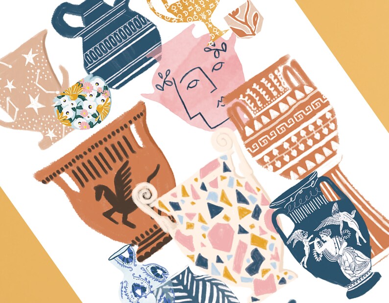 May include: A collection of colorful, hand-painted ceramic vases with various patterns and designs. The vases feature geometric shapes, floral motifs, and abstract faces.