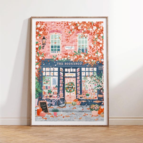 Autumn Bookshop, Fall, Pumpkin spice, Wall Art, Cottage core, Bookstore, Book lover gift, Bookish gift