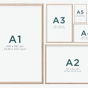 May include: A collection of framed art prints in various sizes, including A1 (23.39 x 33.11 inches), A2 (16.54 x 23.39 inches), A3 (11.69 x 16.54 inches), A4 (8.27 x 11.69 inches), and A5 (5.83 x 8.27 inches). The frames are light wood.