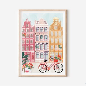 Puede incluir: Una ilustraci&oacute;n digital de una escena de calle con tres edificios coloridos, una bicicleta roja con flores en la cesta y plantas verdes en macetas.