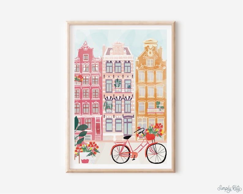 Puede incluir: Una ilustraci&oacute;n digital de una escena de calle con tres edificios coloridos, una bicicleta roja con flores en la cesta y plantas verdes en macetas.