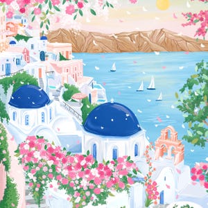 以下が含まれることがあります： 白い建物、青いドーム、ピンクの花が描かれた、海岸沿いの村のイラスト。青い海に浮かぶヨット、山脈、明るい太陽が描かれています。旅のポスターを彷彿とさせるスタイルです。