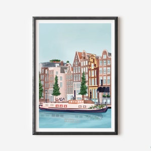 May include: A watercolor painting of a canal in Amsterdam, Netherlands. The painting features a row of colorful buildings with red tile roofs, a canal with a boat, and a blue sky.
