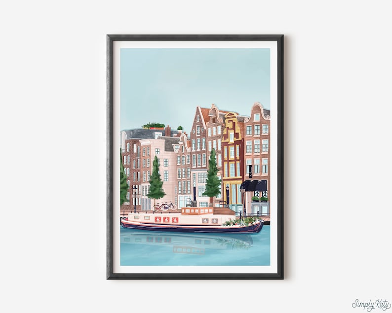 May include: A watercolor painting of a canal in Amsterdam, Netherlands. The painting features a row of colorful buildings with red tile roofs, a canal with a boat, and a blue sky.