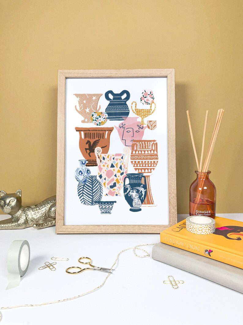 May include: A framed print of a colorful illustration featuring a collection of stylized vases with geometric patterns and floral designs. The vases are arranged in a layered composition, creating a visually appealing and modern aesthetic.