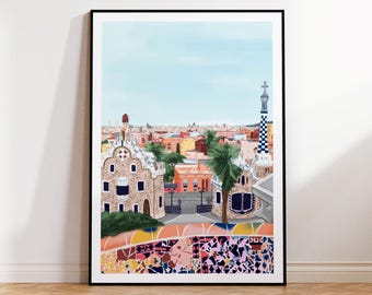 Barcelona City Print,Barcelona Print,Barcelona Poster,Barcelona Art,Barcelona Wall Decor, Barcelona park Guell, Travel Print, Travel poster