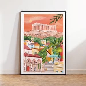 Atenas, Grecia, impresión de Atenas, póster de viaje a Grecia, impresión artística de Grecia, Acrópolis, Biblioteca de Adriano, póster de Atenas, arte de Atenas, impresión de viaje