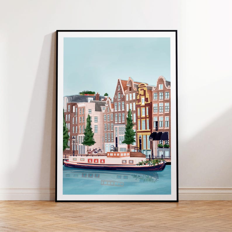 May include: A digital painting of a canal in Amsterdam, Netherlands. The painting features a row of colorful brick buildings with a boat in the canal. The sky is a light blue color.