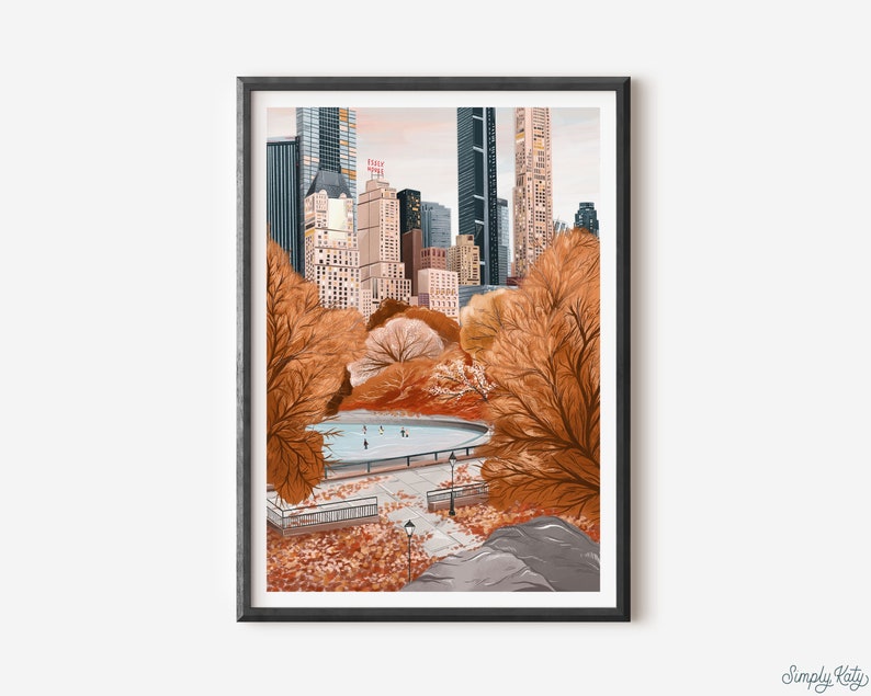 Central Park Autumn Artwork in a Black Frame - Seasonal Landscape Painting