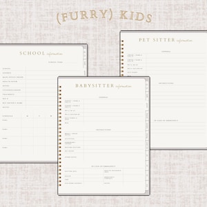 May include: Three spiral-bound notebooks with beige pages and gold accents. The notebooks are labeled "School Information", "Babysitter Information", and "Pet Sitter Information". The text "(Furry) Kids" is at the top.