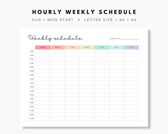 Hourly Weekly Schedule Landscape Printable - Etsy