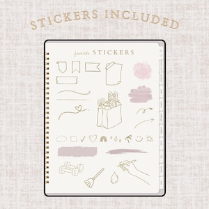 May include: A digital planner with a spiral binding, featuring various hand-drawn stickers in gold and pink. The stickers include banners, lines, a heart, a shopping bag, arrows, and more. The text "STICKERS INCLUDED" is at the top.