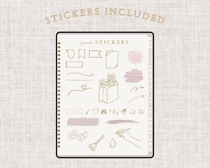 May include: A digital planner with a spiral binding, featuring various hand-drawn stickers in gold and pink. The stickers include banners, lines, a heart, a shopping bag, arrows, and more. The text "STICKERS INCLUDED" is at the top.