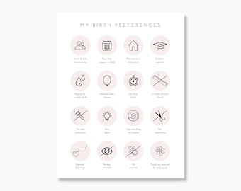 Puede incluir: Una lista de preferencias para el parto imprimible con iconos y texto. La lista incluye opciones para un segundo bebé, la fecha de parto, un parto en casa planificado, la bienvenida a los estudiantes, la esperanza de un parto en agua, la liberación natural del agua, sin medicamentos para el dolor, luces tenues, técnicas de hipnoparto, sin episiotomía, una tercera etapa natural, sin ungüento para los ojos, sin chupete y muchas gracias por ayudarnos.