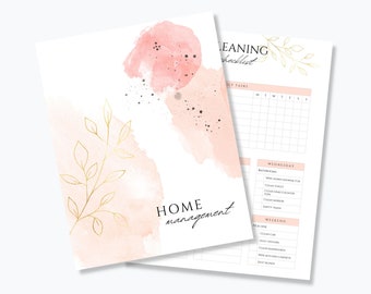 May include: A printable cleaning checklist with a watercolor background in shades of pink and gold. The checklist includes daily, weekly, and weekend tasks. The text "HOME management" is at the bottom of the page.
