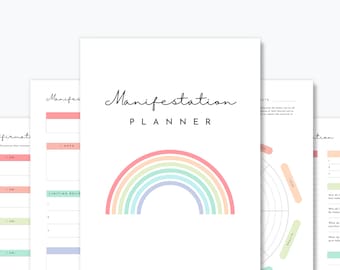 May include: A printable manifestation planner with a rainbow design. The planner includes sections for affirmations, limiting beliefs, and a wheel of life.