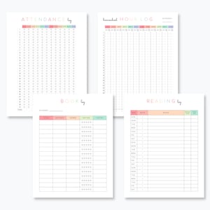 May include: Four printable log sheets for homeschooling. The sheets are in pastel colors and include an attendance log, a book log, a reading log, and a homeschool hour log.