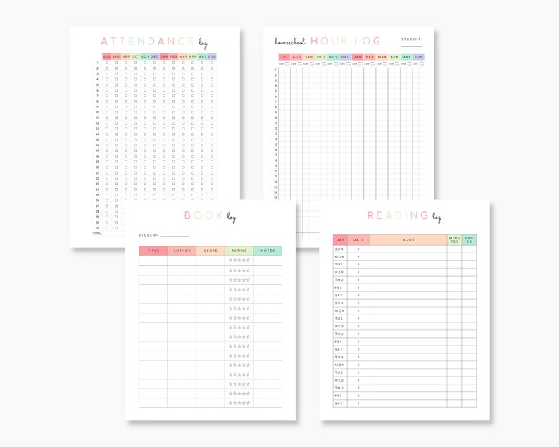 May include: Four printable log sheets for homeschooling. The sheets are in pastel colors and include an attendance log, a book log, a reading log, and a homeschool hour log.