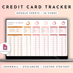 May include: A laptop screen displays a credit card tracker spreadsheet. The title "CREDIT CARD TRACKER" is at the top, with "GOOGLE SHEETS • 30 CARDS" below it. The spreadsheet includes sections for various credit cards and payment details. The Google Sheets logo is visible.