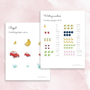 May include: A printable worksheet for kids to practice identifying the biggest object in a row and tracing numbers 1 through 10. The worksheet features colorful illustrations of fruits, vegetables, and cars.
