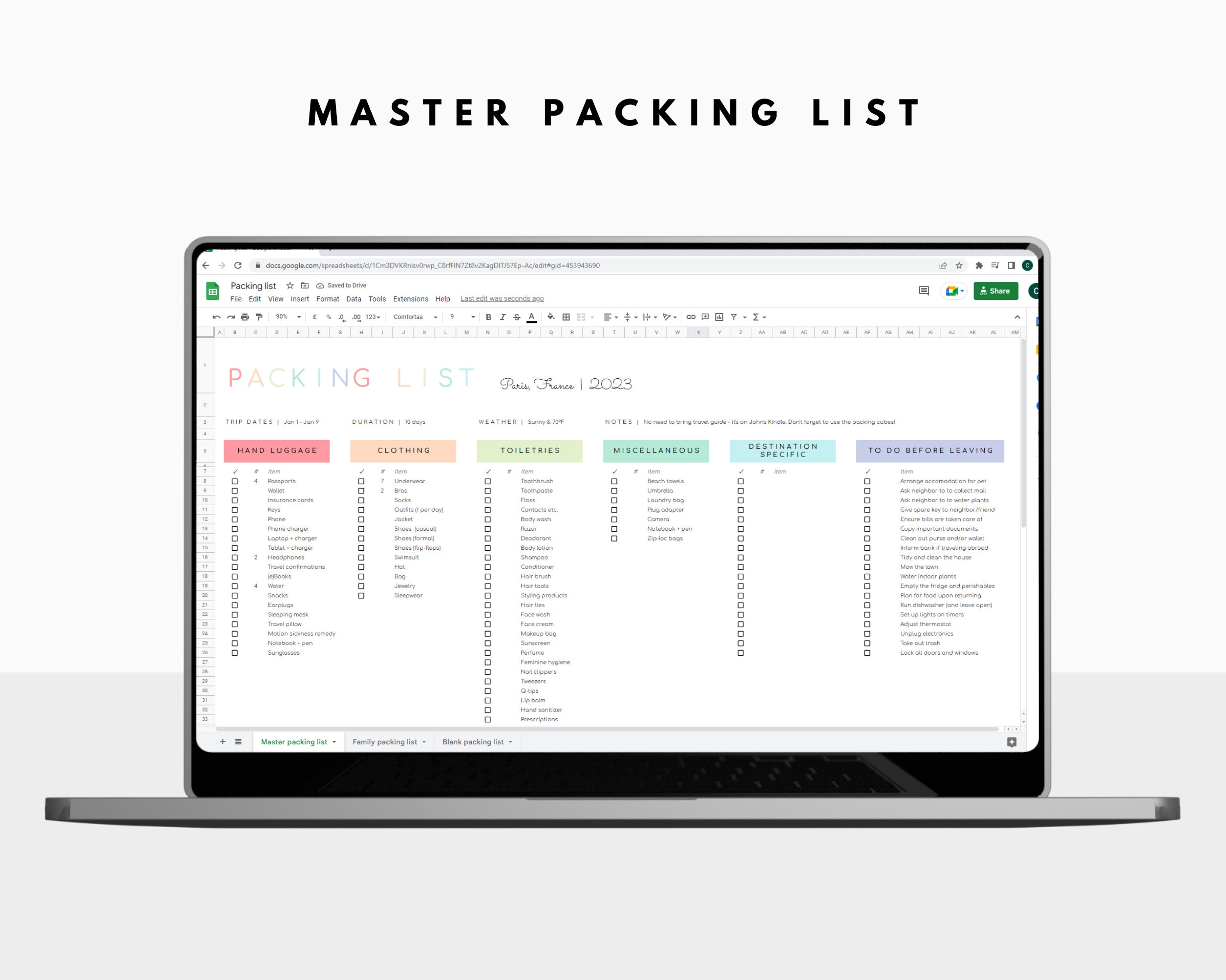 Packing List Template | Google Sheets - Etsy