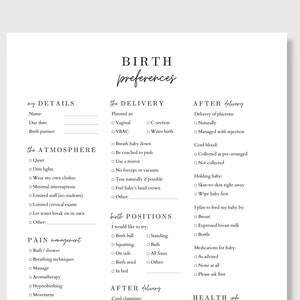 May include: A printable checklist for planning a birth. The checklist includes sections for details, the atmosphere, pain management, the delivery, birth positions, after delivery, and health info. The checklist is designed to help expectant parents plan for their birth experience.