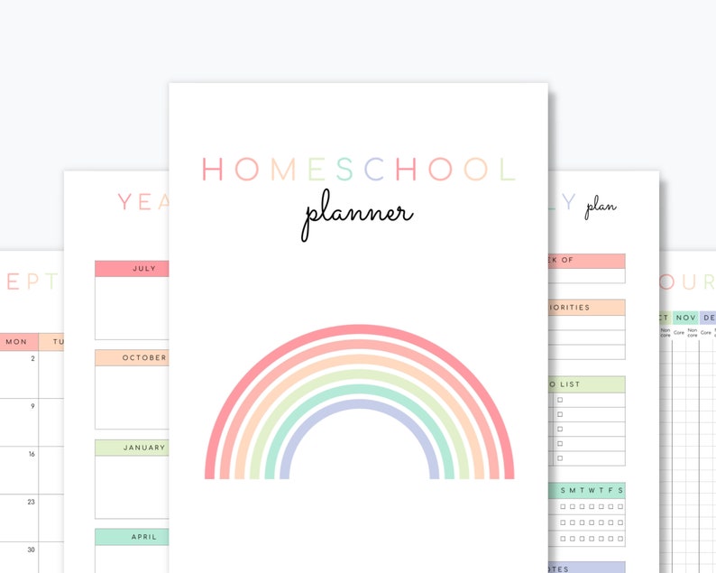 May include: A printable homeschool planner with a rainbow design. The planner includes sections for yearly plans, monthly calendars, weekly schedules, and to-do lists.
