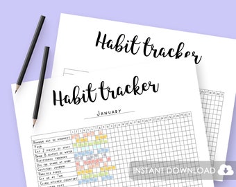 May include: A printable habit tracker for January with a grid for tracking daily habits. The habits listed include random act of kindness, yoga, eat 2 pieces of fruit, drink 8 glasses of water, resistance training, use the stairs at work, gratitude journal, practice piano, get up at 7am, clean kitchen counters, and Instagram post.