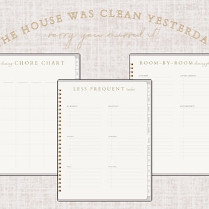 May include: Three spiral-bound planners with gold lettering and accents. The planners include a chore chart, a room-by-room cleaning plan, and a section for less frequent tasks. The text "THE HOUSE WAS CLEAN YESTERDAY, sorry you missed it!" is arched above the planners.