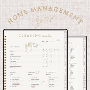May include: Digital home management planner with a cleaning checklist and a grocery list. The planner is beige with gold spiral binding and text that reads "Home Management digital" and "Cleaning Checklist".