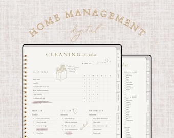 Op de afbeelding: Digitale huishoudplanner met een schoonmaakchecklist en een boodschappenlijst. De planner is beige met een gouden spiraalbinding. De tekst bevat "Home Management digital" en "Cleaning Checklist".