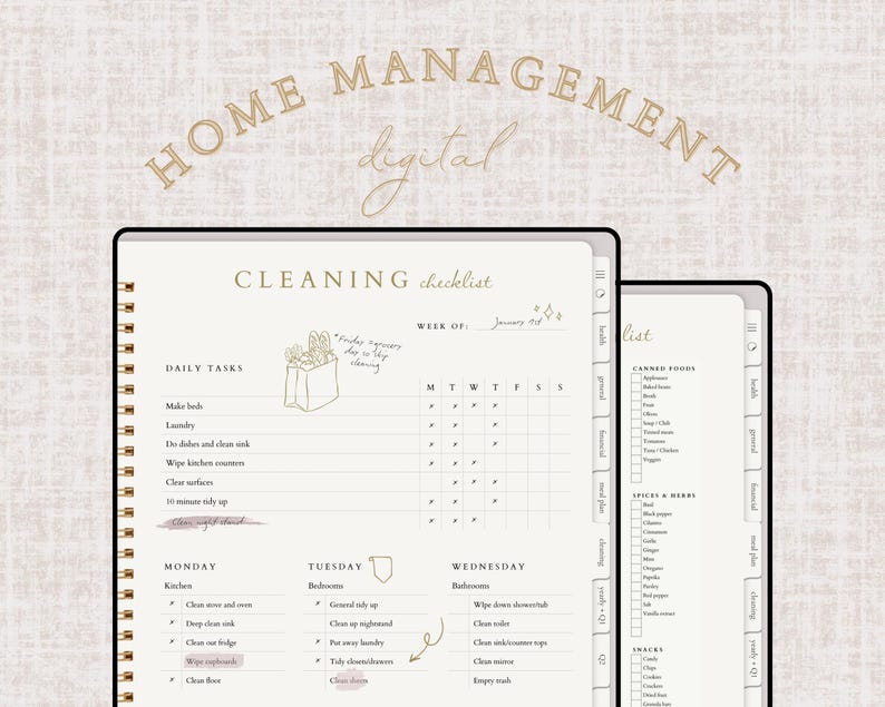 May include: Digital home management planner with a cleaning checklist and a grocery list. The planner is beige with gold spiral binding and text that reads "Home Management digital" and "Cleaning Checklist".
