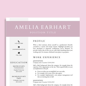 Pode incluir: Um modelo de curr&iacute;culo rosa com o nome Amelia Earhart e o t&iacute;tulo "Position Title" no topo. O curr&iacute;culo inclui se&ccedil;&otilde;es para o perfil, experi&ecirc;ncia profissional, educa&ccedil;&atilde;o e informa&ccedil;&otilde;es de contato.