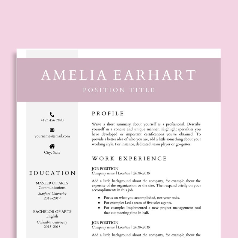 Pode incluir: Um modelo de curr&iacute;culo rosa com o nome Amelia Earhart e o t&iacute;tulo "Position Title" no topo. O curr&iacute;culo inclui se&ccedil;&otilde;es para o perfil, experi&ecirc;ncia profissional, educa&ccedil;&atilde;o e informa&ccedil;&otilde;es de contato.