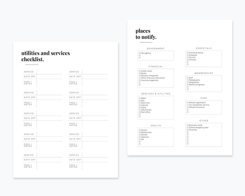 May include: A printable checklist for utilities and services, with sections for government, financial, services and utilities, health, memberships, cars, and other. The checklist includes spaces to write the service, date off, fees, and notes.