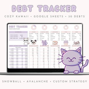 Foglio di calcolo Kawaii Debt Tracker Fogli Google, Metodo palla di neve, Pagamento del debito con metodo Avalanche