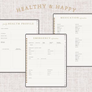 May include: Cream-colored spiral-bound health journals with gold lettering and accents. The journals include sections for family health profiles, medication information, and emergency contacts. The words "Healthy & Happy" are at the top.