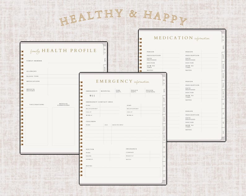 May include: Cream-colored spiral-bound health journals with gold lettering and accents. The journals include sections for family health profiles, medication information, and emergency contacts. The words "Healthy & Happy" are at the top.