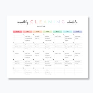 May include: A printable monthly cleaning schedule with a rainbow colour scheme. The schedule includes daily tasks such as cleaning the kitchen, laundry, dusting, and vacuuming.