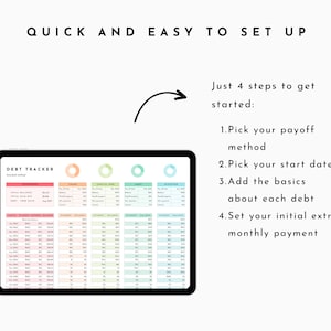 May include: A digital debt tracker spreadsheet on a tablet screen. The spreadsheet is color-coded and includes sections for total balance, total paid off, debt paid date, monthly interest balance, payment balance, and monthly payment. The text on the screen reads "Debt Tracker".