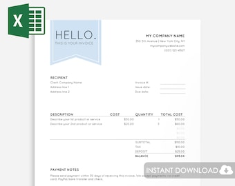 Invoice Template Excel, Excel Invoice Template Spreadsheet, Invoice, Freelance Invoice, Photography Invoice, Microsoft Excel Template