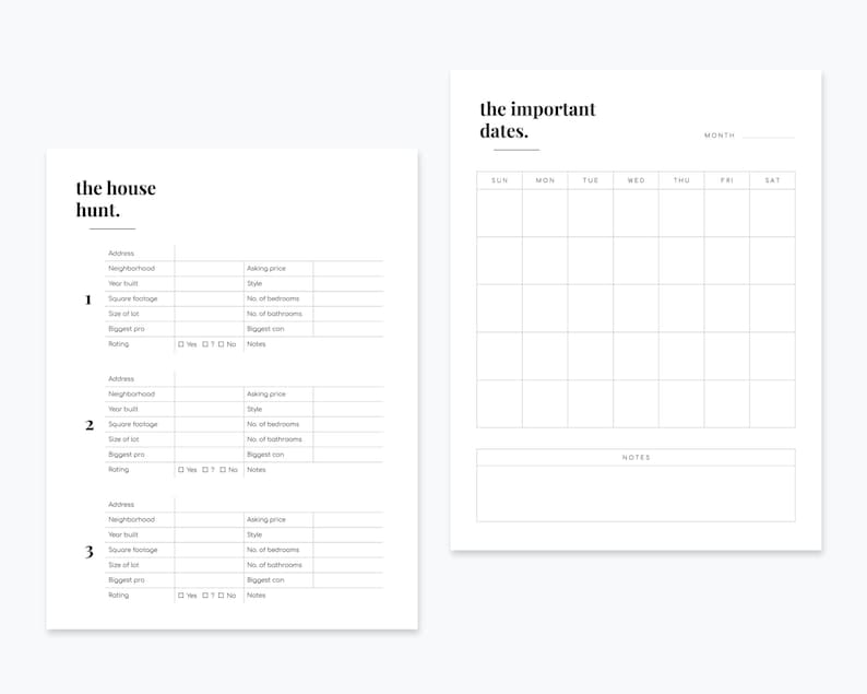 May include: A printable house hunting checklist with space to record information about three different properties. The checklist includes fields for address, neighborhood, year built, square footage, size of lot, asking price, style, number of bedrooms, number of bathrooms, biggest pro, and rating.