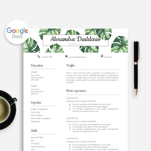 Plantilla de CV para Google Docs, Plantilla de CV de Google Doc Hojas de Monstera, CV de Google y carta de motivación con flores de acuarela para Google Doc