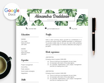 Resume Template Google Doc, Google Docs Resume + Cover Letter With Watercolor Monstera Leaves Greenery Illustration, Nature Botanical Resume