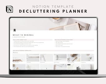 May include: A laptop screen displaying a Notion template for decluttering. The template includes a checklist for different areas of the home, such as clothing, books, papers, kitchen, bathroom, and office. The template also includes a section for decluttering questions.