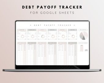 May include: A laptop screen displaying a Google Sheets spreadsheet titled "Debt Payoff Tracker". The spreadsheet is designed to track debt payments for different categories, including student loans, personal loans, car loans, and credit cards. The spreadsheet includes a pie chart showing the distribution of debt payments.