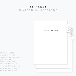 Puede incluir: Un planificador blanco con el texto "60 P&aacute;ginas Divididas en Secciones" y "Running My Shop" en la portada. El planificador est&aacute; dividido en secciones para comenzar, administrar una tienda, administrar productos, redes sociales, finanzas comerciales, planificar el a&ntilde;o, planificar los meses, planificar las semanas y planificar los d&iacute;as.