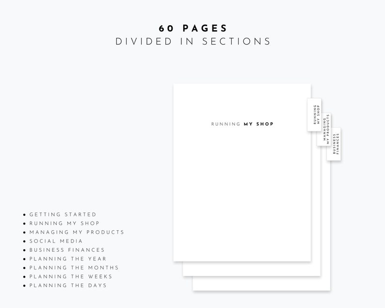 Puede incluir: Un planificador blanco con el texto "60 P&aacute;ginas Divididas en Secciones" y "Running My Shop" en la portada. El planificador est&aacute; dividido en secciones para comenzar, administrar una tienda, administrar productos, redes sociales, finanzas comerciales, planificar el a&ntilde;o, planificar los meses, planificar las semanas y planificar los d&iacute;as.