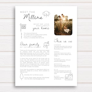 May include: A black and white illustration of a house with a welcome mat and a mailbox. The text "Meet the Millers" is at the top of the page. The text "Dear family of 123 Main Street" is below the house illustration. The text "This is us" is at the top of the right side of the page. The text "Connor, Sarah, Oakley, Brandon, Ella & Buddy" is at the bottom of the page.